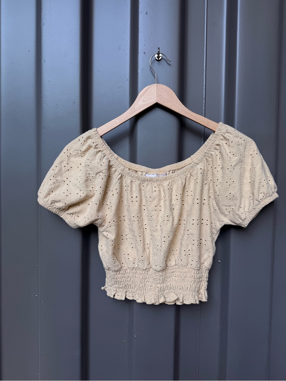 Cotton Eyelet Smocked Hem Off-Shoulder Top - butter yellow